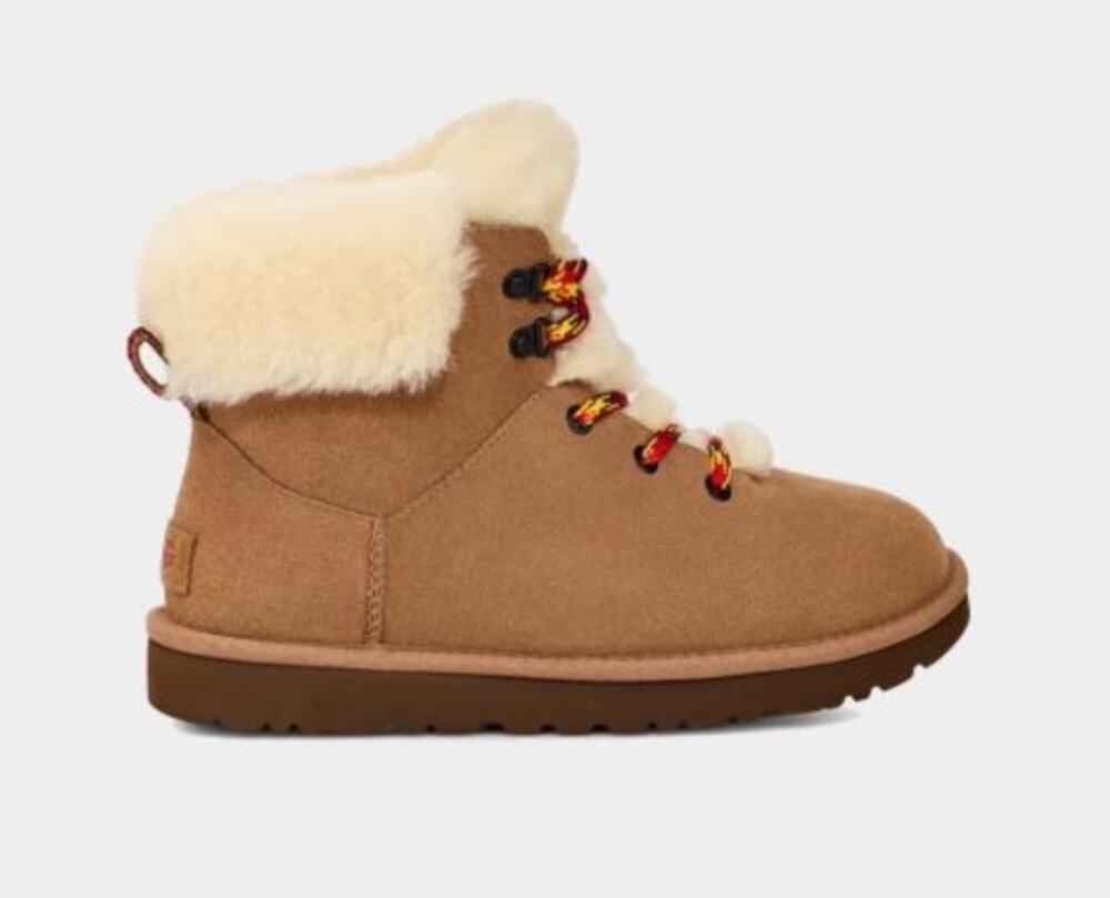 UGG Classic Mini Alpine Shearling Lined Boots Chestnut Suede Sz 5 NIB Kids 3/3.5